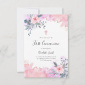 Invitation première communion rose d'aquarelle florale (Devant)