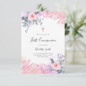 Invitation première communion rose d'aquarelle florale (Debout devant)