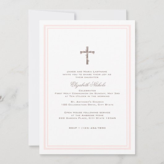 Invitation Première communion rose douce et Brown (Devant)
