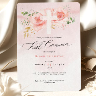 Invitation première communion rose et or Roses