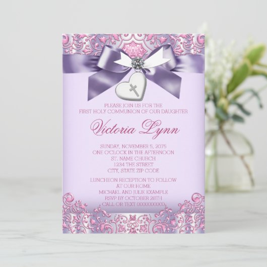 Invitation Première communion rose et pourpre (Debout devant)