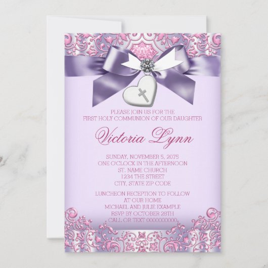 Invitation Première communion rose et violet (Devant)