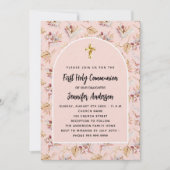Invitation Première communion rose fleurs or pampas luxe (Devant)