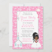 Invitation Première communion rose floral noir cheveux fille (Devant)