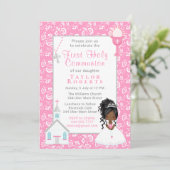 Invitation Première communion rose floral noir cheveux fille (Debout devant)