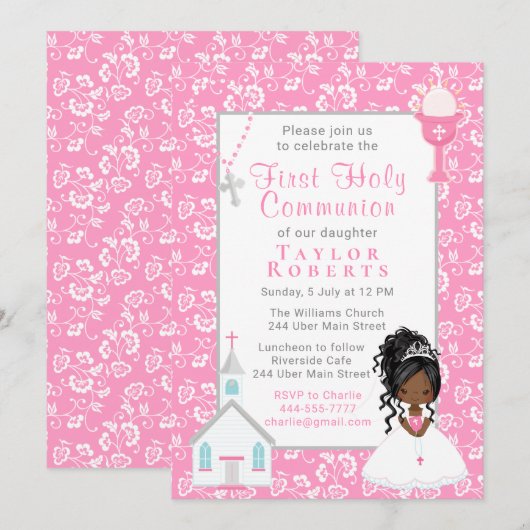 Invitation Première communion rose floral noir cheveux fille (Devant / Derrière)