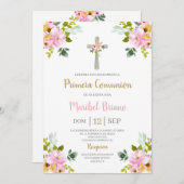 Invitation Première communion rose florale Espagnol (Devant / Derrière)