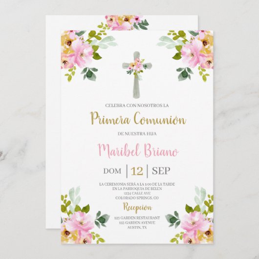 Invitation Première communion rose florale Espagnol (Devant / Derrière)