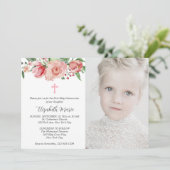 Invitation Première communion rose florale et photo pour les  (Debout devant)
