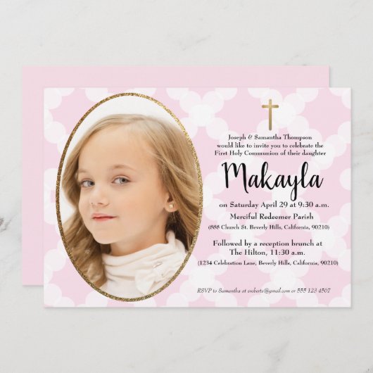 Invitation Première communion rose or blanc (Devant / Derrière)