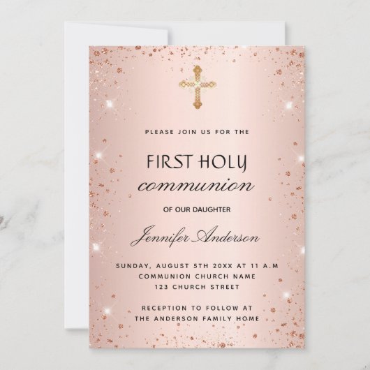 Invitation Première communion rose or parties scintillant pou (Devant)