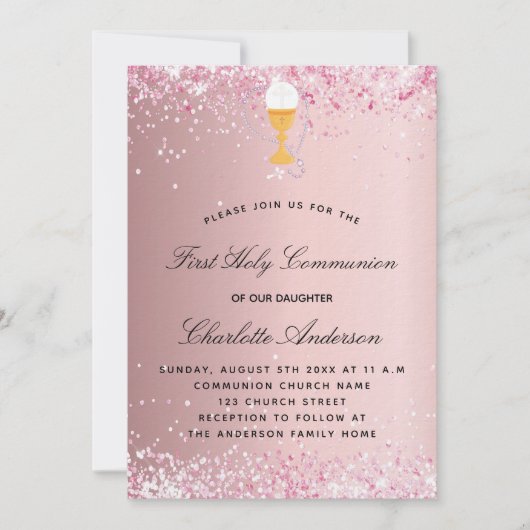 Invitation Première communion rose pâle parties scintillant l (Devant)