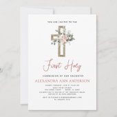 Invitation Première Communion rose pâle Rose floral (Devant)