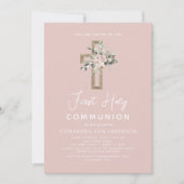 Invitation Première Communion rose pâle Rose floral (Devant)