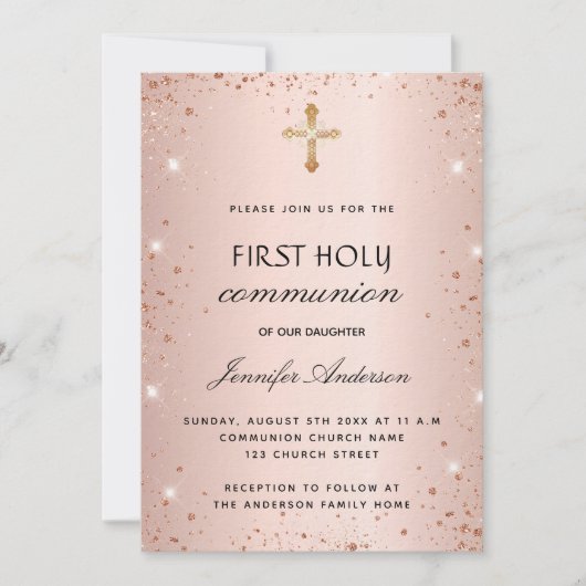 Invitation Première communion rose parties scintillant or lux (Devant)