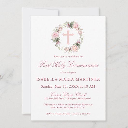 Invitation Première Communion Rose Rose Rose Floral (Devant)