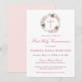 Invitation Première Communion Rose Rose Rose Floral (Devant / Derrière)