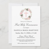 Invitation Première Communion Rose Rose Rose Floral (Devant)