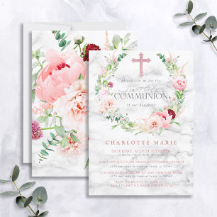 Invitation Première communion Rose Rose Rose Floral Marble Cr