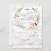 Invitation Première communion Rose Rose Rose Floral Marble Cr (Devant)