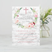Invitation Première communion Rose Rose Rose Floral Marble Cr (Debout devant)