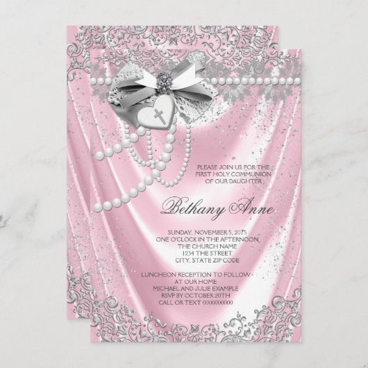 Invitation Première communion rose satin (Devant / Derrière)
