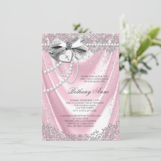 Invitation Première communion rose satin (Debout devant)