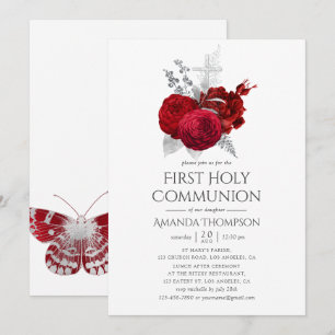 Invitation Première communion Rose vintage rouge et argent