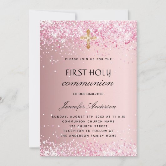 Invitation Première communion rousse rose parties scintillant (Devant)