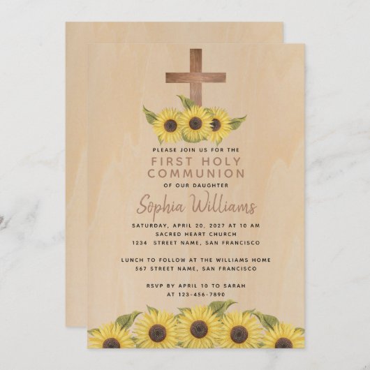 Invitation Première communion rustique Fleurs de soleil crois (Devant / Derrière)