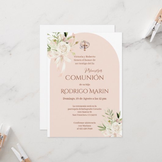 Invitation Première communion sacrée de Boho en Espagne (Devant/Arrière en situation)