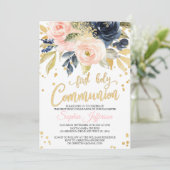 Invitation Première communion sacrée rose, marine et or (Debout devant)
