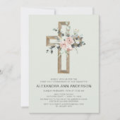 Invitation Première Communion Sage Vert Blush Rose Floral (Devant)