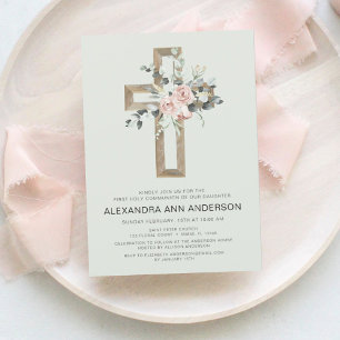 Invitation Première Communion Sage Vert Blush Rose Floral