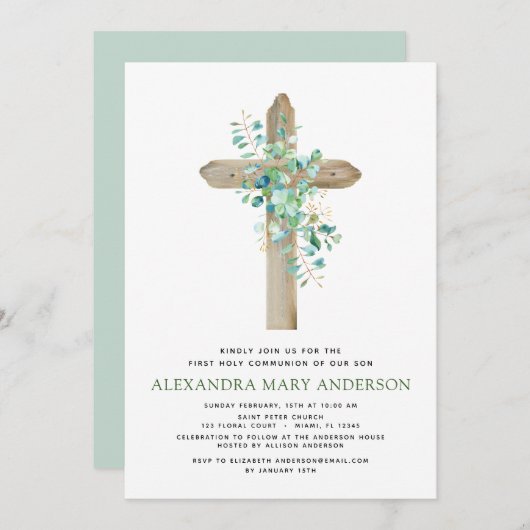 Invitation Première Communion Sage vert Eucalyptus (Devant / Derrière)