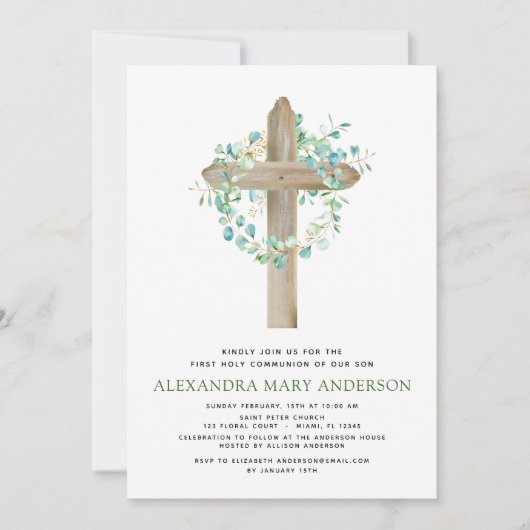 Invitation Première Communion Sage vert Eucalyptus (Devant)