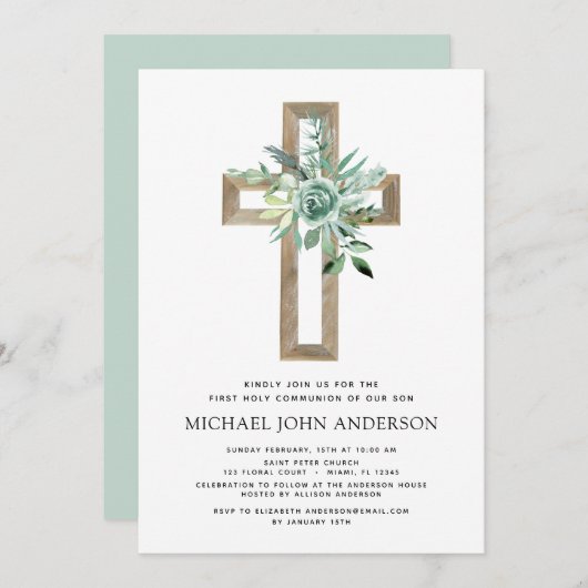Invitation Première Communion Sage vert Eucalyptus (Devant / Derrière)