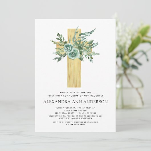 Invitation Première Communion Sage vert Eucalyptus (Debout devant)