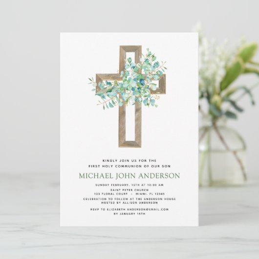 Invitation Première Communion Sage vert Eucalyptus Invi (Debout devant)