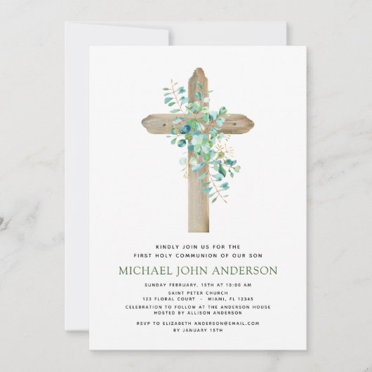 Invitation Première Communion Sage vert Eucalyptus Invi (Devant)