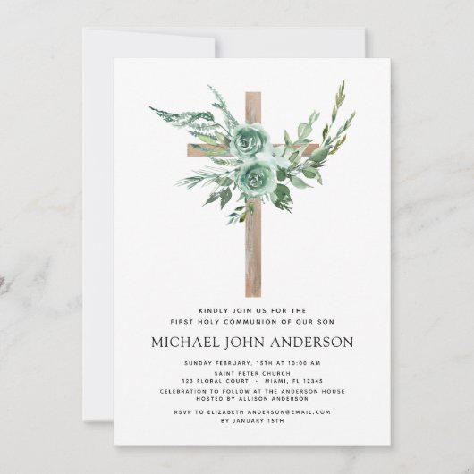 Invitation Première Communion Sage vert Eucalyptus Invi (Devant)