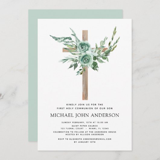 Invitation Première Communion Sage vert Eucalyptus Invi (Devant / Derrière)