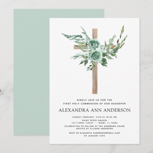 Invitation Première Communion Sage vert Eucalyptus Invi (Devant / Derrière)