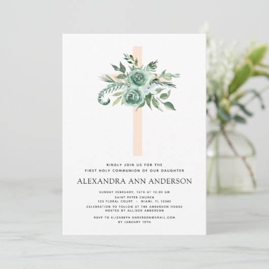 Invitation Première Communion Sage vert Eucalyptus Invi (Debout devant)