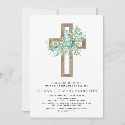 Invitation Première Communion Sage vert Eucalyptus Invi (Devant)