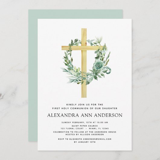 Invitation Première Communion Sage vert Eucalyptus Invi (Devant / Derrière)