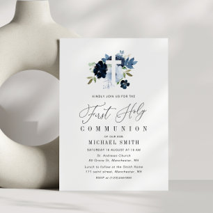 Invitation première communion sainte à fleurs bleues