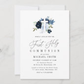 Invitation première communion sainte à fleurs bleues (Devant)
