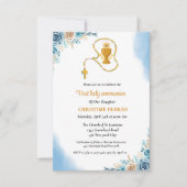 Invitation Première communion sainte aquarelle bleu floral (Devant)