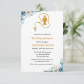 Invitation Première communion sainte aquarelle bleu floral (Debout devant)